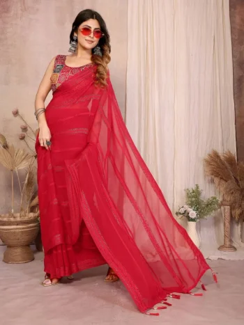 FANCY GEORGETTE SILK( KAJU PATTA PETTERN ) PLAIN SAREE WITH UNSTITCHED BLOUSE RANI