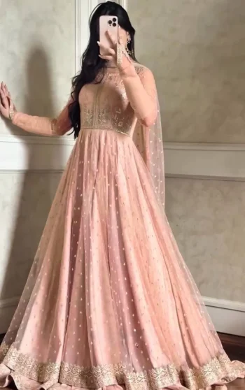 FANCY GEORGETTE THREAD WITH SEQUENCE WORK GOWN LEHENGA WITH DUPATTA PEACH