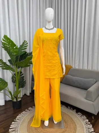 FANCY GEORGETTE THREAD WITH SEQUENCE WORK TOP PALAZZO WITH DUPATTA YELLOW