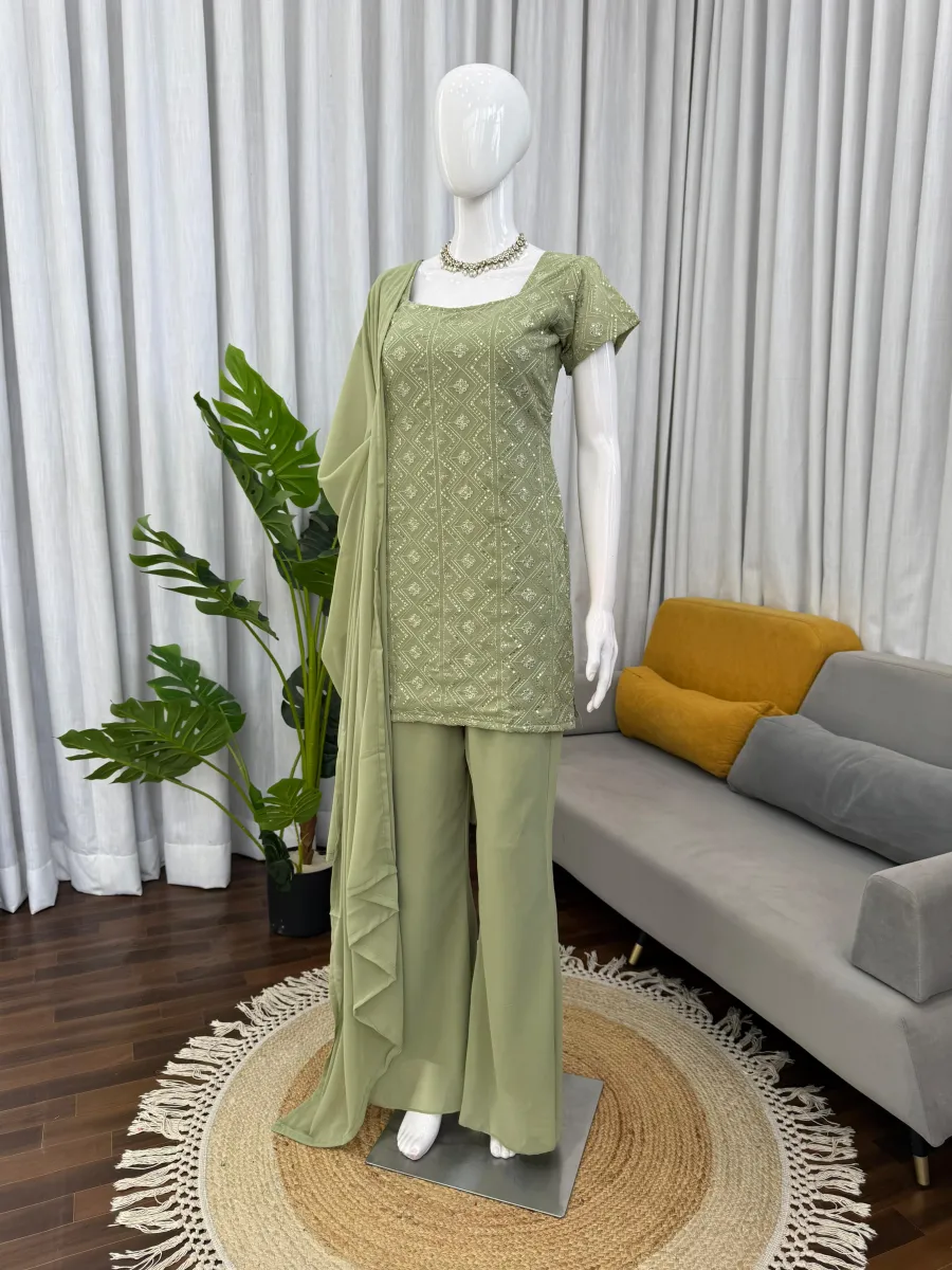 FANCY GEORGETTE THREAD WITH SEQUENCE WORK TOP PALAZZO WITH DUPATTA FUNSTIONAL WEAR WHOLESALE PRICE ETHNIC GARMENT (5)