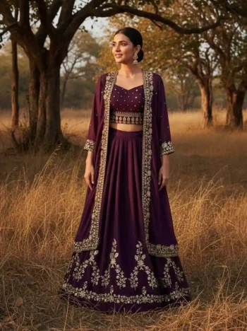 FANCY GEORGETTE ZARI & 5 MM SEQUENCE EMBROIDERY WORK LEHENGA BLOUSE AND SHRUG WINE