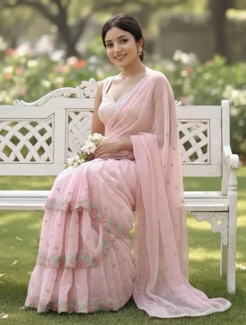 FANCY GEORGETTE ZARI BUTTA AND MULTI EMBROIDERY LACE WITH RUFFLES AND ORIGINAL MIRROR WORK SAREE WITH UNSTITCHED BLOUSE BABY PINK