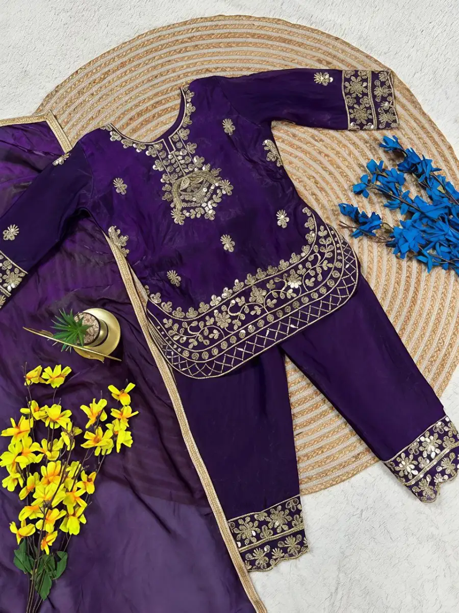 FANCY GMY SILK EMBROIDERY SEQUENCE WORK KID'S TOP BOTTOM WITH DUPATTA FESTIVE WEAR WHOLESALE PRICE ETHNIC GARMENT (4)