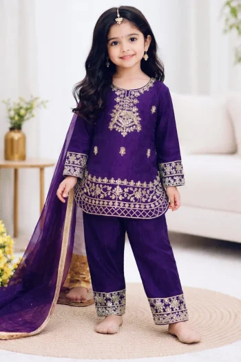 FANCY GMY SILK EMBROIDERY SEQUENCE WORK KID'S TOP BOTTOM WITH DUPATTA PURPLE