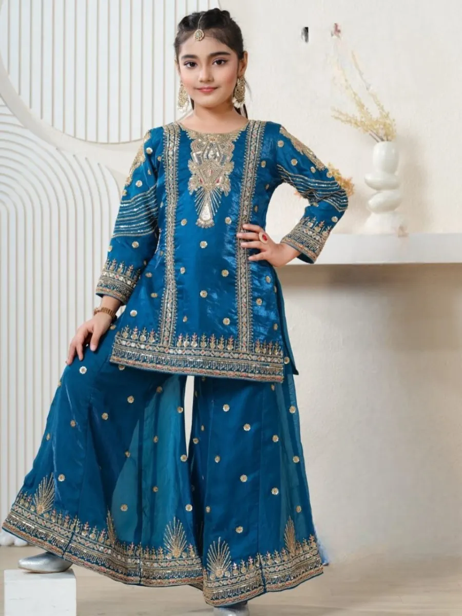 FANCY GMY SILK EMBROIDERY SEQUENCE WORK KIDS TOP PALAZZO WITH DUPATTA FESTIVE WEAR WHOLESALE PRICE ETHNIC GARMENT (1)