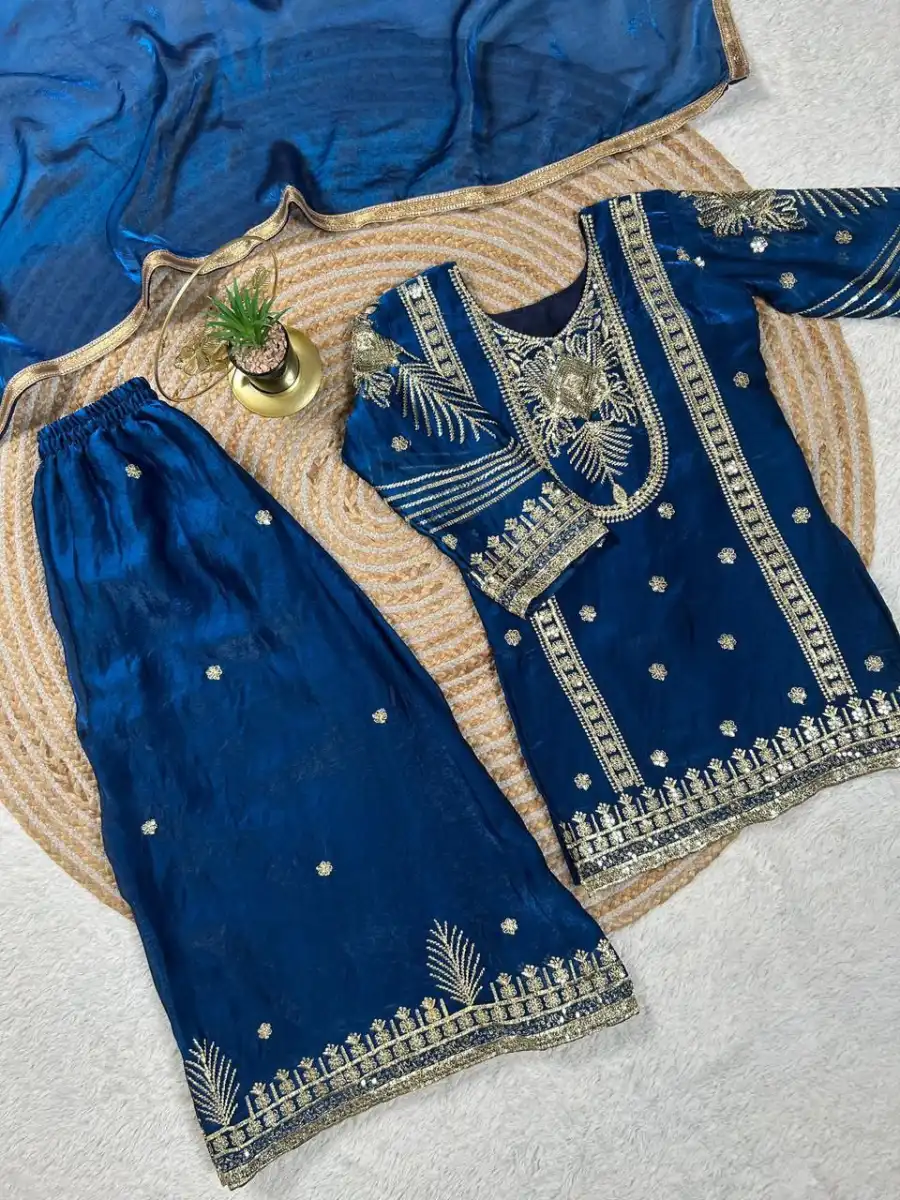 FANCY GMY SILK EMBROIDERY SEQUENCE WORK KIDS TOP PALAZZO WITH DUPATTA FESTIVE WEAR WHOLESALE PRICE ETHNIC GARMENT (10)