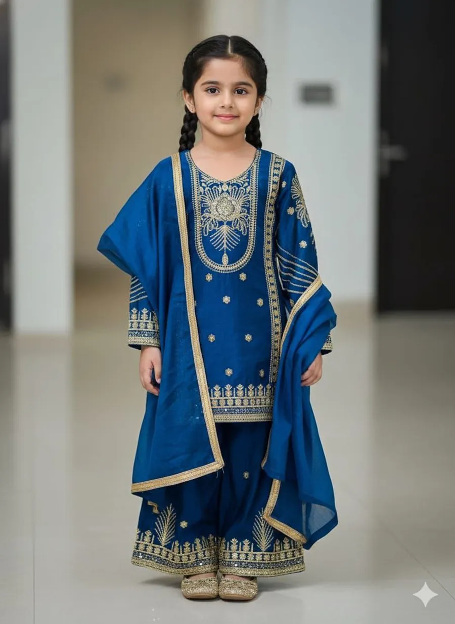 FANCY GMY SILK EMBROIDERY SEQUENCE WORK KIDS TOP PALAZZO WITH DUPATTA FESTIVE WEAR WHOLESALE PRICE ETHNIC GARMENT (6)