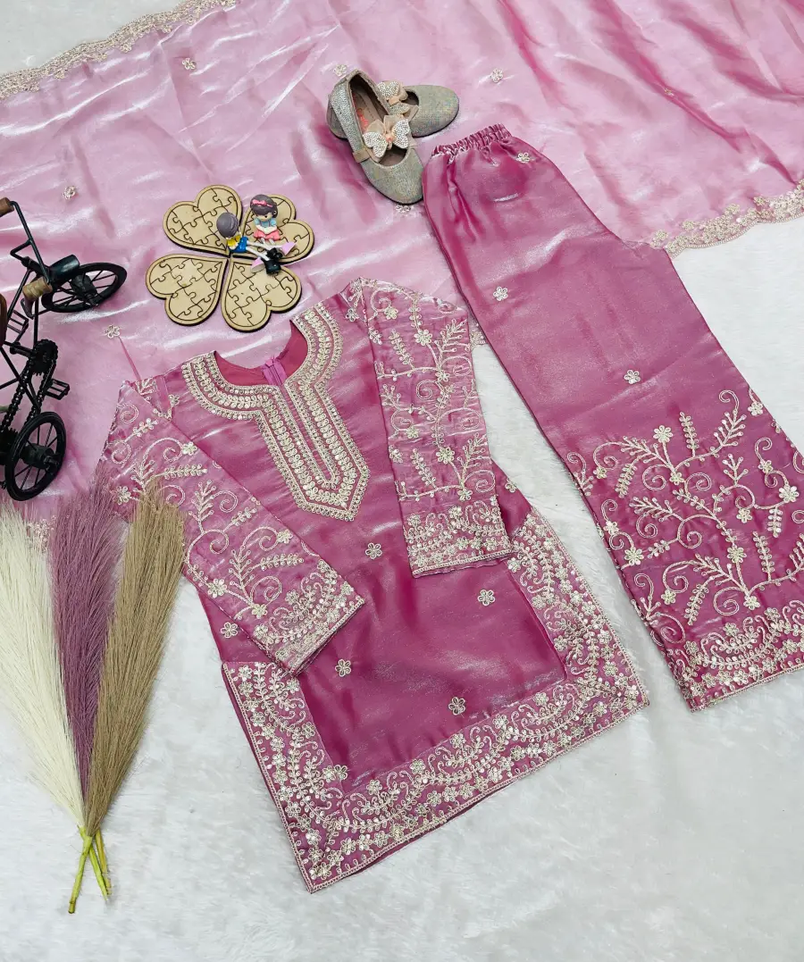 FANCY GMYS SILK EMBROIDERY 3 MM SEQUENCE & CODING DORI WORK KID'S TOP PALAZZO WITH DUPATTA FESTIVE WEAR WHOLESALE PRICE ETHNIC GARMENT (10)