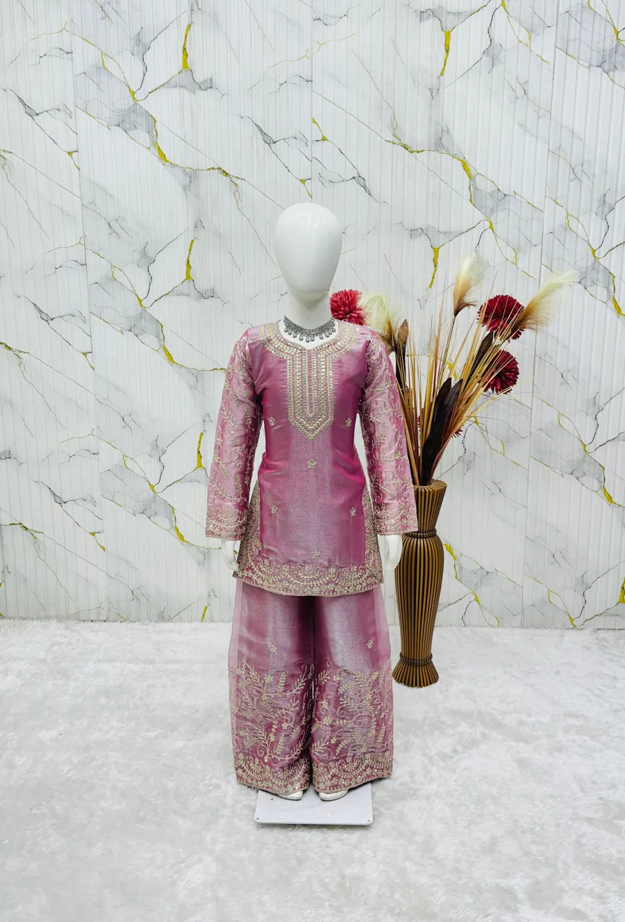FANCY GMYS SILK EMBROIDERY 3 MM SEQUENCE & CODING DORI WORK KID'S TOP PALAZZO WITH DUPATTA FESTIVE WEAR WHOLESALE PRICE ETHNIC GARMENT (11)