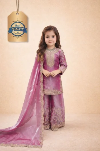 FANCY GMYS SILK EMBROIDERY 3 MM SEQUENCE & CODING DORI  WORK KID'S TOP PALAZZO WITH DUPATTA BABY PINK