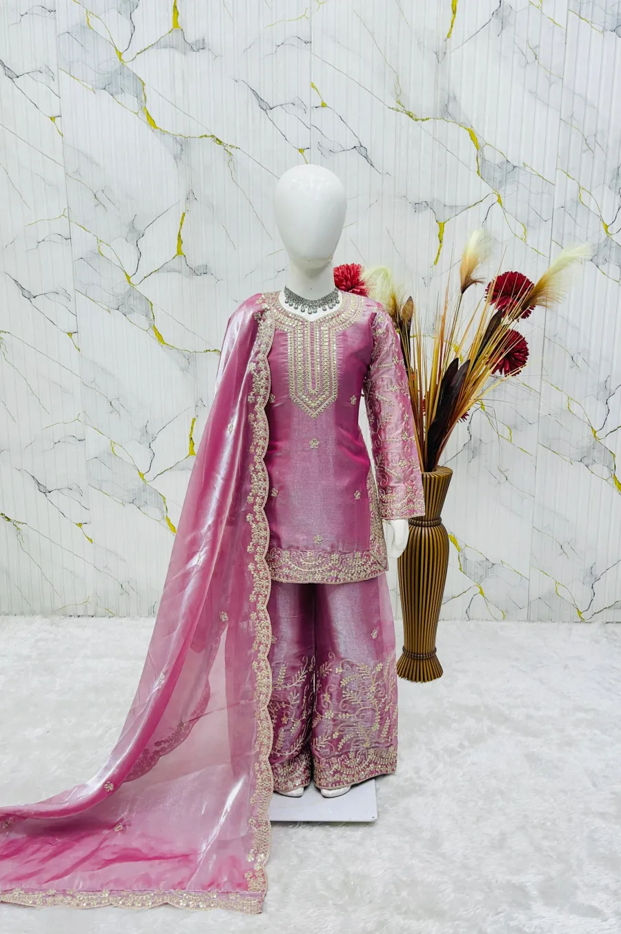 FANCY GMYS SILK EMBROIDERY 3 MM SEQUENCE & CODING DORI WORK KID'S TOP PALAZZO WITH DUPATTA FESTIVE WEAR WHOLESALE PRICE ETHNIC GARMENT (6)