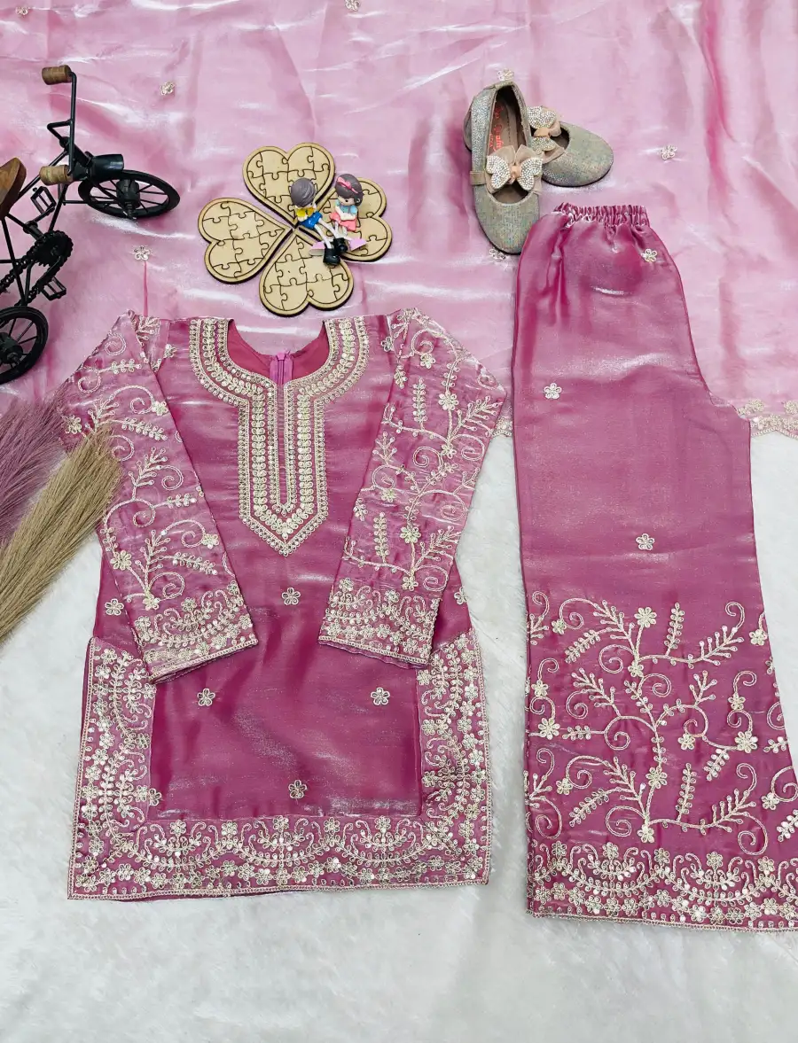FANCY GMYS SILK EMBROIDERY 3 MM SEQUENCE & CODING DORI WORK KID'S TOP PALAZZO WITH DUPATTA FESTIVE WEAR WHOLESALE PRICE ETHNIC GARMENT (8)