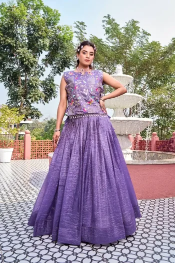 FANCY GOLD CRUSH EMBROIDERY SEQUENCE WITH THREAD WORK SHRUG WITH LEHENGA CHOLI LAVENDER