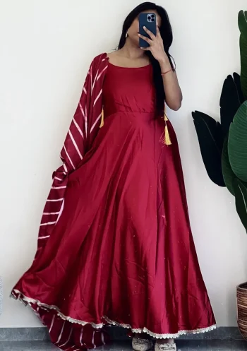 FANCY JAPAN  SILK BORDER WORK GOWN WITH DUPATTA RED