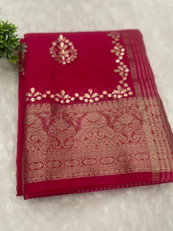 FANCY KOTA DORIYA COTTON WEAVING ZARI DRYABLE JAIPUR GOTA PATTI WORK SCALLOP  WORK SAREE WITH UNSTITCHED BLOUSE PINK