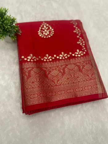FANCY KOTA DORIYA COTTON WEAVING ZARI DRYABLE JAIPUR GOTA PATTI WORK SCALLOP  WORK SAREE WITH UNSTITCHED BLOUSE RANI