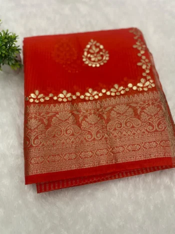 FANCY KOTA DORIYA COTTON WEAVING ZARI DRYABLE JAIPUR GOTA PATTI WORK SCALLOP  WORK SAREE WITH UNSTITCHED BLOUSE RED