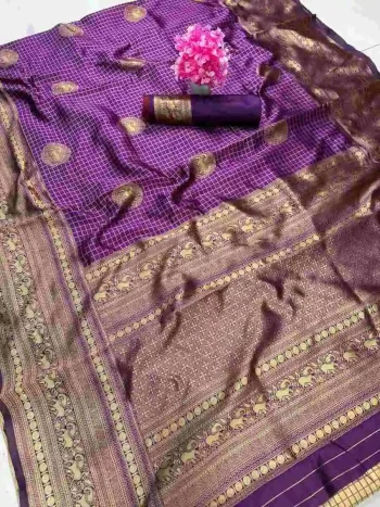 FANCY LICHI SILK BANARASI WEAVING WORK SAREE WITH UNSTITCHED BLOUSE PURPLE