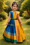 FANCY LICHI SILK JACQUARD WORK KID'S LEHENGA CHOLI DUPATTA WITH EXTRA BELT RAMA