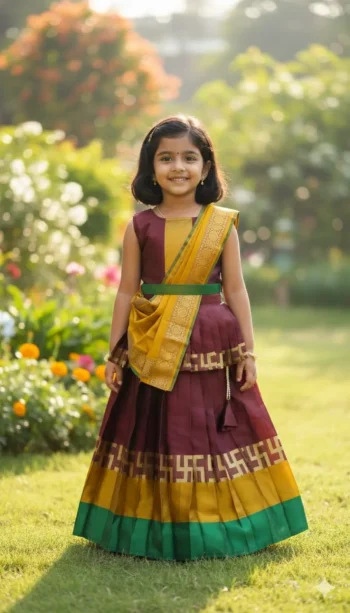 FANCY LICHI SILK JACQUARD WORK KID'S LEHENGA CHOLI DUPATTA WITH EXTRA BELT BROWN