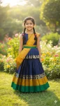 FANCY LICHI SILK JACQUARD WORK KID'S LEHENGA CHOLI DUPATTA WITH EXTRA BELT NAVY BLUE
