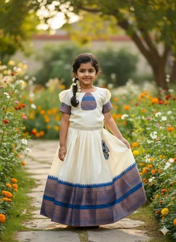 FANCY LICHI SILK JACQUARD  WORK KID'S LEHENGA CHOLI OFF WHITE AND NAVY BLUE