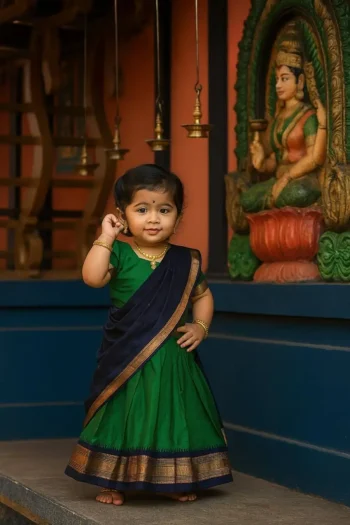 FANCY LICHI SILK JACQUARD WORK KID'S LEHENGA CHOLI WITH DUPATTA GREEN AND NAVY BLUE