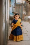 FANCY LICHI SILK JACQUARD WORK KID'S LEHENGA CHOLI WITH DUPATTA NAVY BLUE AND YELLOW