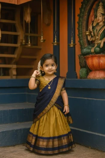 FANCY LICHI SILK JACQUARD WORK KID'S LEHENGA CHOLI WITH DUPATTA YELLOW AND NAVY BLUE
