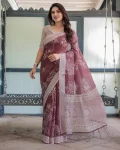 FANCY LINEN COTTON DIGITAL PRINTED WORK SAREE WITH UNSTITCHED BLOUSE WINE