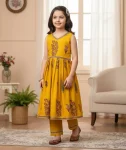 FANCY MAGIC COTTON FLORAL PRINT WITH LACE BORDER WORK KID'S TOP BOTTOM SET YELLOW