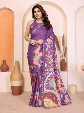 FANCY MANIPURI SILK KALAMKARI DEGITAL PRINT WITH MIRROR WORK SAREE WITH UNSTITCHED BLOUSE PURPLE