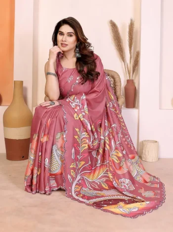 FANCY MANIPURI SILK KALAMKARI DEGITAL PRINT WITH MIRROR WORK SAREE WITH UNSTITCHED BLOUSE PINK