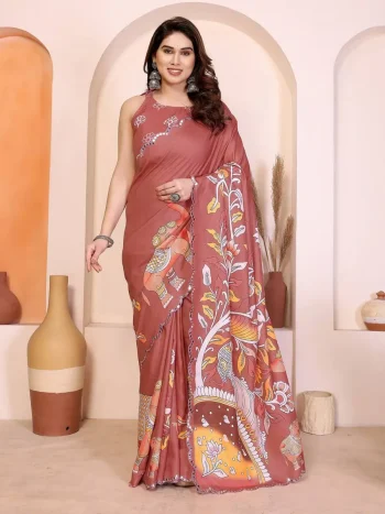 FANCY MANIPURI SILK KALAMKARI DEGITAL PRINT WITH MIRROR WORK SAREE WITH UNSTITCHED BLOUSE BROWN