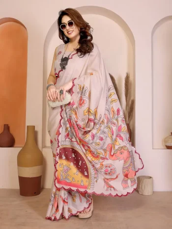 FANCY MANIPURI SILK KALAMKARI DEGITAL PRINT WITH MIRROR WORK SAREE WITH UNSTITCHED BLOUSE CREAM