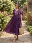FANCY MUL MUL COTTON PRINTED WITH MAGGAM WORK GOWN PURPLE