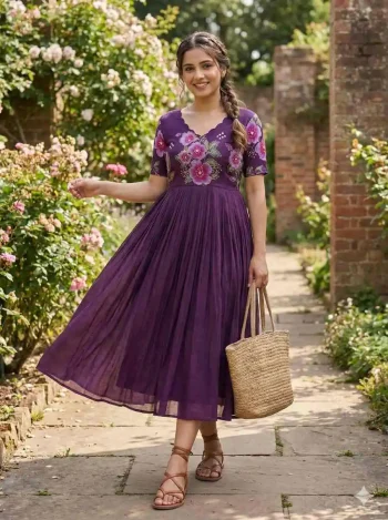 FANCY MUL MUL COTTON PRINTED WITH MAGGAM WORK GOWN PURPLE