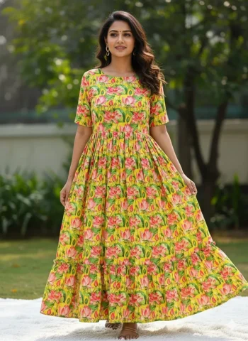 FANCY MUSLIN COTTON FLORAL PRINTED WORK GOWN YELLOW