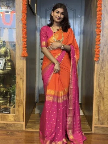 FANCY MYSORE SILK JACQUARD WORK GOWN SAREE ORANGE AND PINK