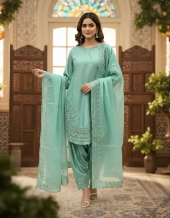 FANCY NATURAL CREPE EMBROIDERY 3 MM SEQUENCE WORK WITH CUTWORK TOP PATIYALA WITH DUPATTA RAMA