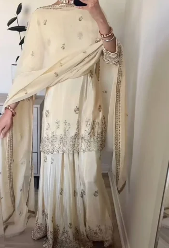 FANCY NATURAL CREPE SILK SEQUENCE EMBROIDERY WORK TOP PALAZZO WITH DUPATTA OFF WHITE