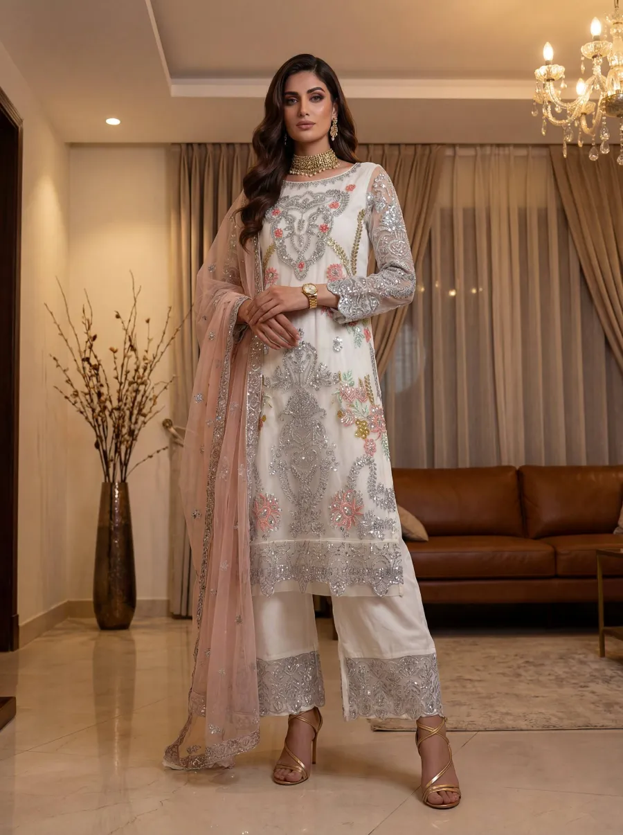 FANCY NET EMBROIDERY SEQUENCE ZARI WORK TOP BOTTOM WITH DUPATTA FESTIVE WEAR WHOLESALE PRICE ETHNIC GARMENT (3)