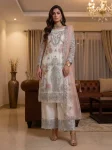 FANCY NET EMBROIDERY SEQUENCE ZARI WORK TOP BOTTOM WITH DUPATTA PEACH AND WHITE
