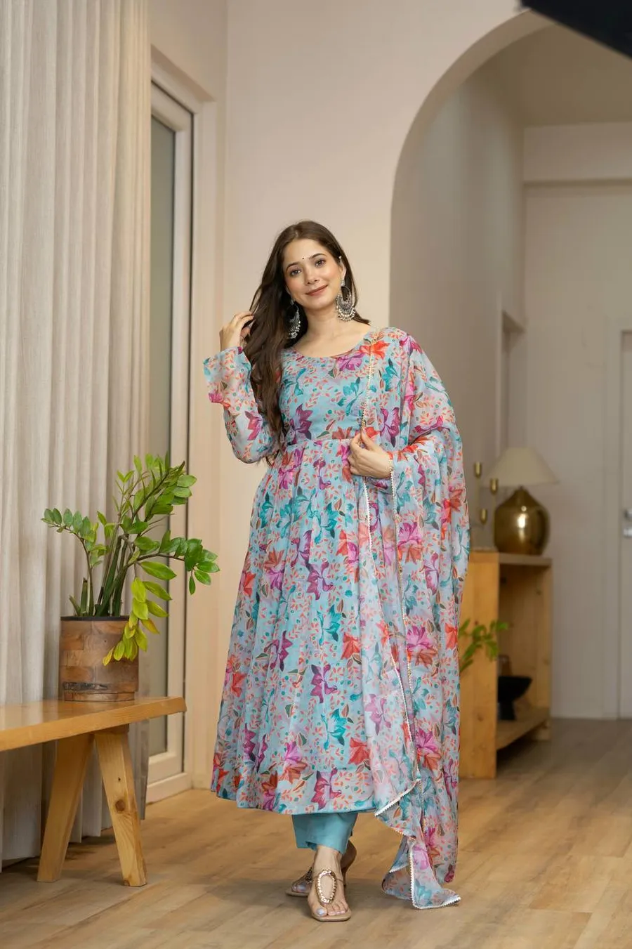 FANCY ORGANZA FLORAL PRINT WORK GOWN BOTTOM WITH DUPATTA FESTIVE WEAR WHOLESALE PRICE ETHNIC GARMENT (3)