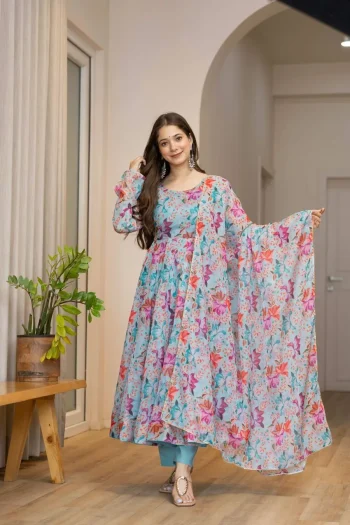 FANCY ORGANZA FLORAL PRINT WORK GOWN BOTTOM WITH DUPATTA SKY