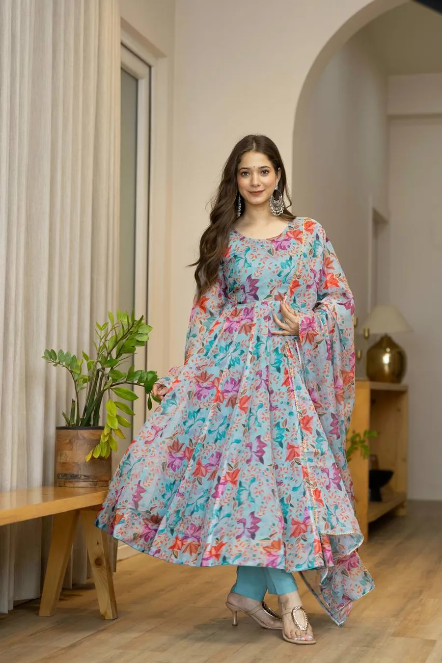 FANCY ORGANZA FLORAL PRINT WORK GOWN BOTTOM WITH DUPATTA FESTIVE WEAR WHOLESALE PRICE ETHNIC GARMENT (9)