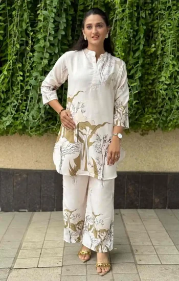 FANCY POLY RAYON DIGITAL PRINT WORK CO-ORD SET OFF WHITE