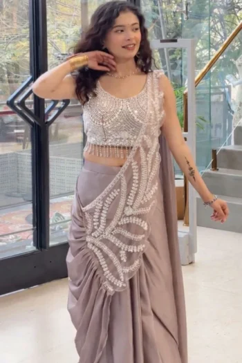 FANCY RANGOLI EMBROIDERY SEQUENCE WORK READY TO WEAR SAREE WITH STITCHED BLOUSE BABY PINK