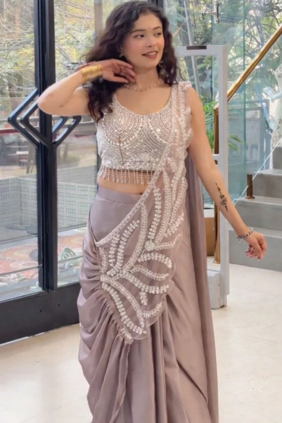 FANCY RANGOLI EMBROIDERY SEQUENCE WORK READY TO WEAR SAREE WITH STITCHED BLOUSE PARTY WEAR WHOLESALE PRICE ETHNIC GARMENT (3)