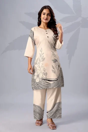 FANCY RAYON DIGITAL PRINT WORK CO-ORD SET CREAM